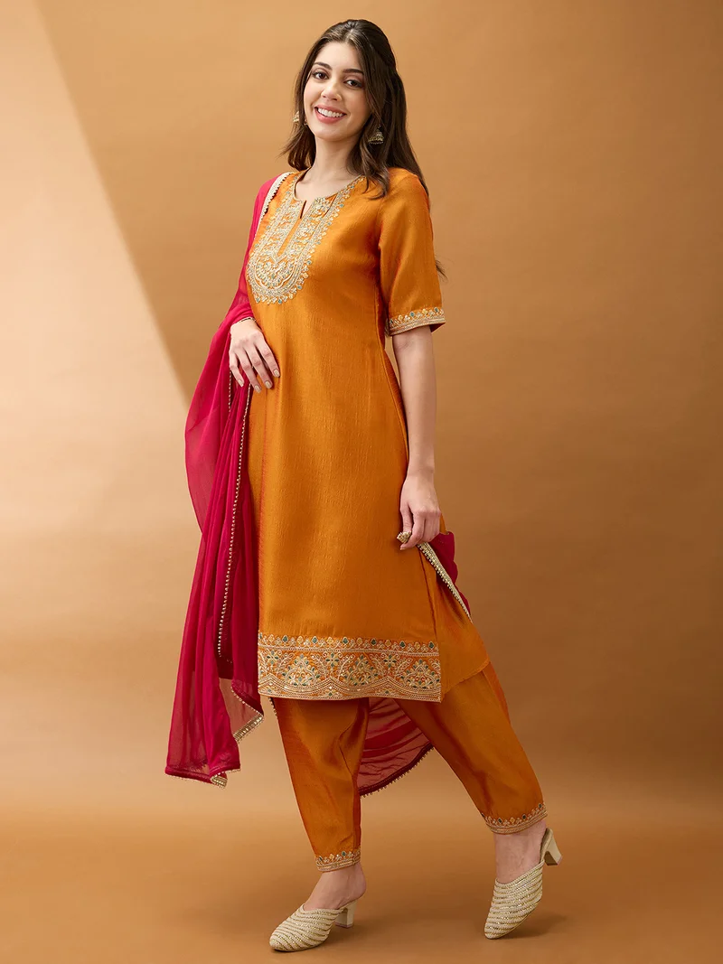 globus Globus Women Yellow Sequinned Zari Embroidered Yoke A-Line Kurta With Pant & Contrast Dupatta Festive Set