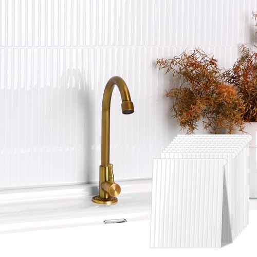WalDecoo Backsplash Tile Peel and Stick, Self-Adhesive White Decorative Wall Tiles for Kitchen, Modern Glossy Slatted Design Backsplash Tiles for Kitchen, Bathroom, RVs (11.43x9 inch) - Image 1