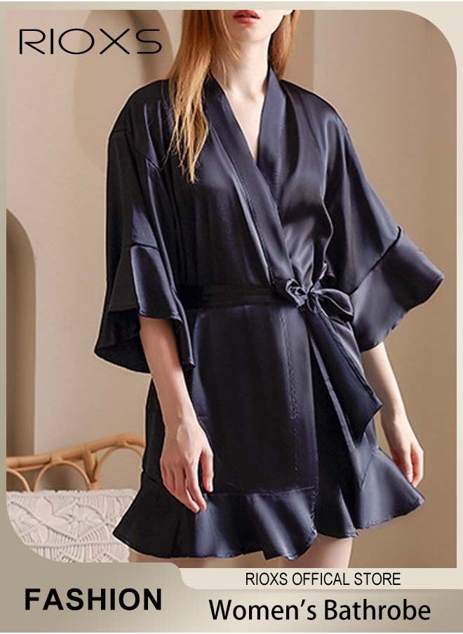 RIOXS - Women's Silky Satin Short Robe with Adjustable Tie and 3/4 Sleeves, Skin-friendly Lightweight Kimono Bathrobe with Above-knee Length, Stylish Comfortable Sleepwear, Perfect for Wedding Day, Pajamas Party, Daily Life Wear and Spa - Image 1