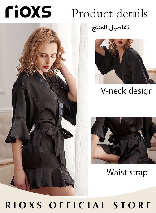 RIOXS - Women's Silky Satin Short Robe with Adjustable Tie and 3/4 Sleeves, Skin-friendly Lightweight Kimono Bathrobe with Above-knee Length, Stylish Comfortable Sleepwear, Perfect for Wedding Day, Pajamas Party, Daily Life Wear and Spa - Image 1