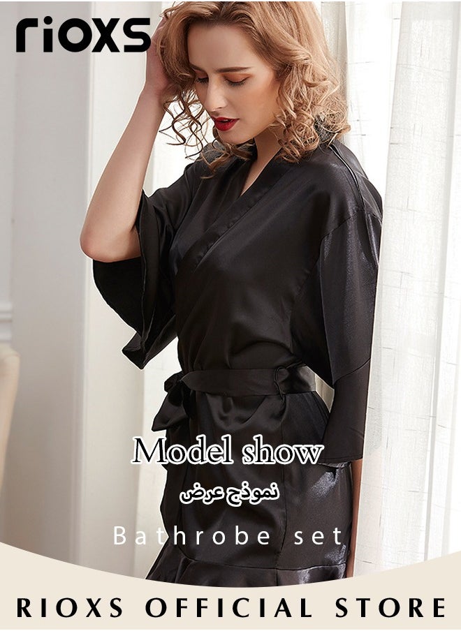 RIOXS - Women's Silky Satin Short Robe with Adjustable Tie and 3/4 Sleeves, Skin-friendly Lightweight Kimono Bathrobe with Above-knee Length, Stylish Comfortable Sleepwear, Perfect for Wedding Day, Pajamas Party, Daily Life Wear and Spa - Image 1
