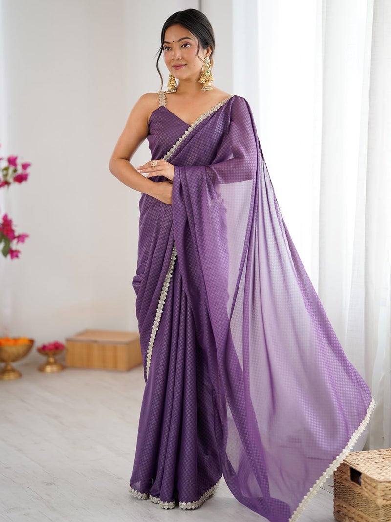 SAREE MALL Women's Lavendar Satin Embellished Saree With Unstitched Blouse Piece(GOPI4701_RX) - Image 3