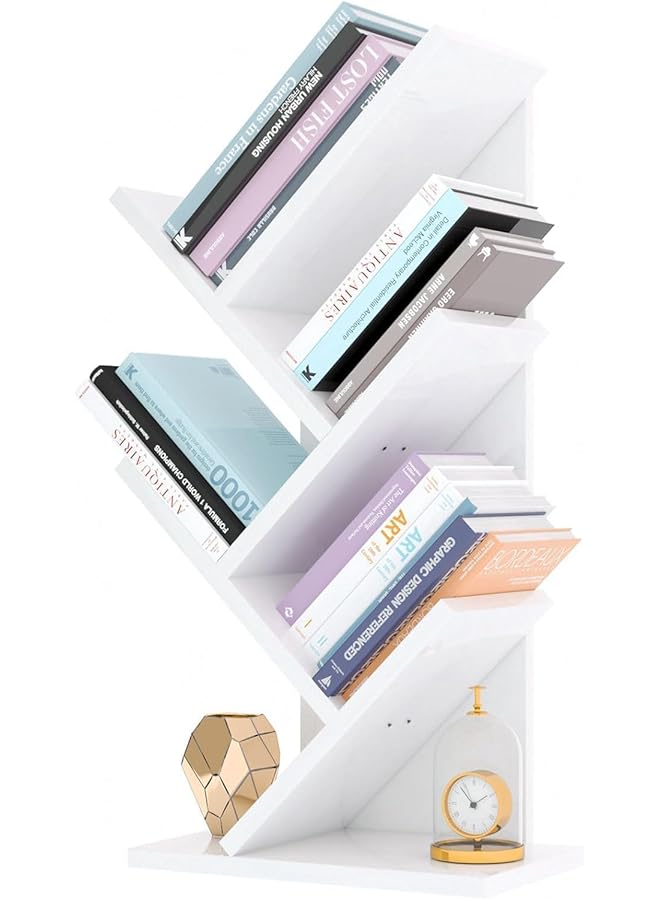 إيروريكس رف كتب خشبي على شكل شجرة لسطح المكتب مكون من 5 طبقات وحامل كتب ومجلات وحامل كتب خشبي على الأرض ومنظم أقراص مضغوطة لغرفة المعيشة والمكتب المنزلي وغرفة النوم والمدرسة باللون الأبيض - Image 1