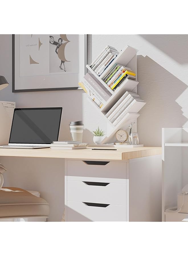 إيروريكس رف كتب خشبي على شكل شجرة لسطح المكتب مكون من 5 طبقات وحامل كتب ومجلات وحامل كتب خشبي على الأرض ومنظم أقراص مضغوطة لغرفة المعيشة والمكتب المنزلي وغرفة النوم والمدرسة باللون الأبيض - Image 2