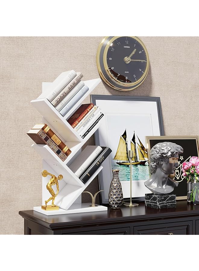 إيروريكس رف كتب خشبي على شكل شجرة لسطح المكتب مكون من 5 طبقات وحامل كتب ومجلات وحامل كتب خشبي على الأرض ومنظم أقراص مضغوطة لغرفة المعيشة والمكتب المنزلي وغرفة النوم والمدرسة باللون الأبيض - Image 5