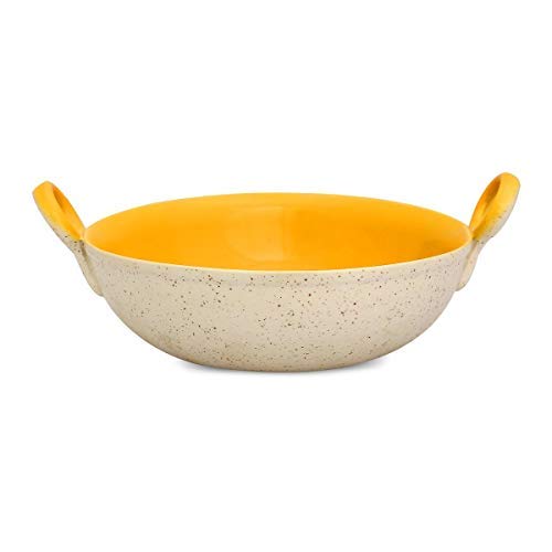Caffeine Caffeine Ceramic Handmade Stoneware Yellow and Cream Serving Kadhai - (Set of 1 Dishwasher & Microwave Safe)  - Image 1