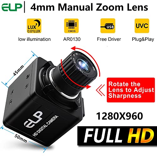 ELP Low Illumination USB Camera HD Manual Zoom 4mm Lens PC Camera for Computer Mini UVC USB2.0 Webcam 0.01lux Industrial USB with Camera 960P AR0130 USB Security Camera for Laptop - Image 5