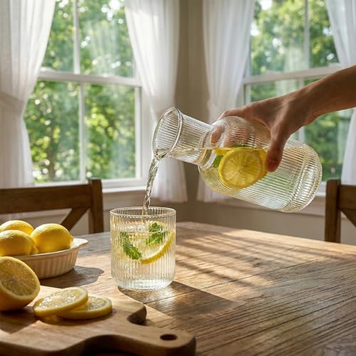 Bekith 2 Set 25 OZ Bedside Night Water Carafe with Tumbler Glass, Vertical Stripes Clear Glass Carafe for Bedroom Guest Room Nightstand, Mouthwash Decanter for Bathroom, Water Pitcher Set (4-Piece) - Image 5