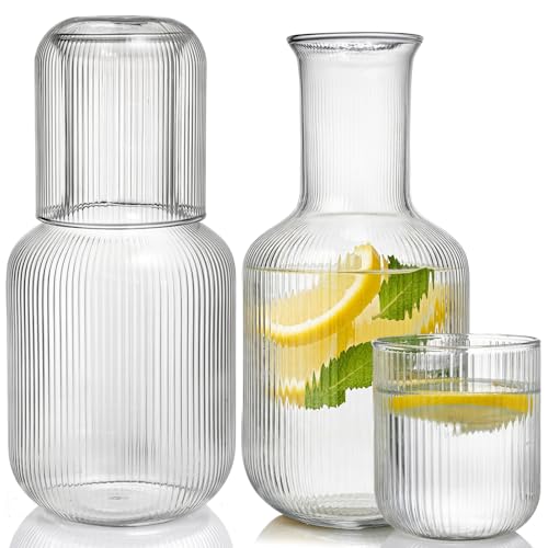 Bekith 2 Set 25 OZ Bedside Night Water Carafe with Tumbler Glass, Vertical Stripes Clear Glass Carafe for Bedroom Guest Room Nightstand, Mouthwash Decanter for Bathroom, Water Pitcher Set (4-Piece) - Image 1