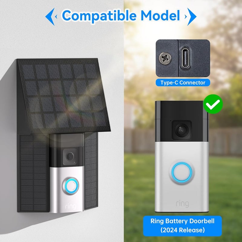 Aaeytby Solar Charger for Ring Battery Doorbell, Integrated Doorbell Mount with Solar Panel, Waterproof All-in-One Design with Type-C Cable - Black-2 - Image 2