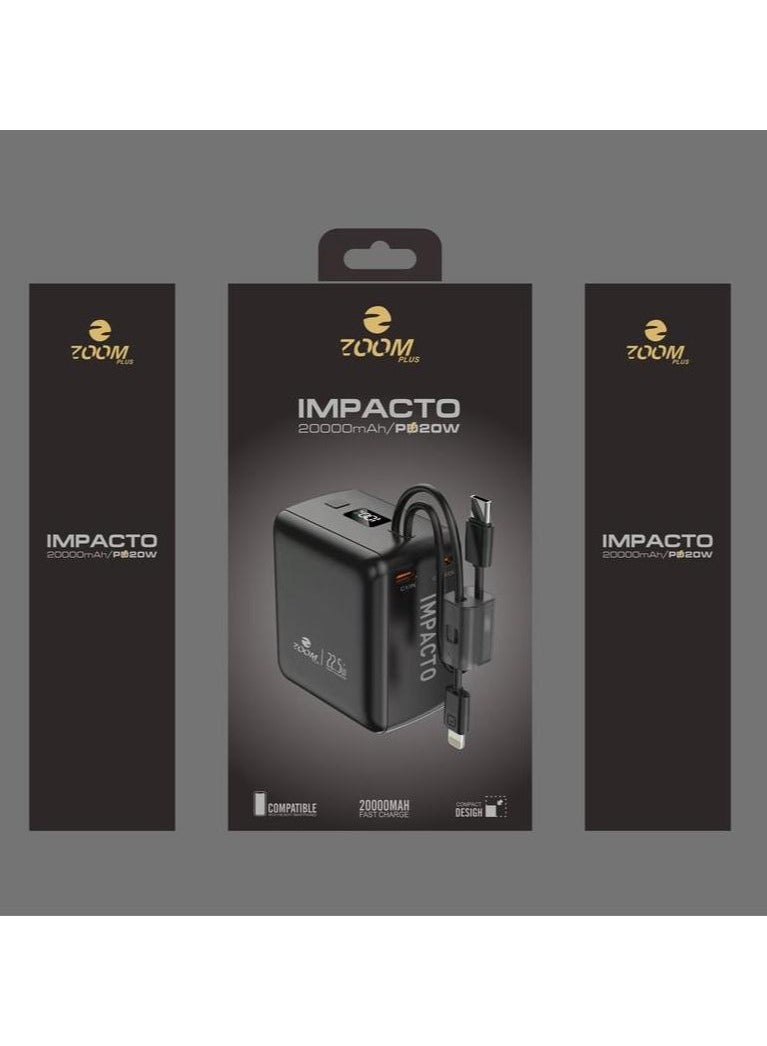 زوم بلس ZOOM PLUS IMPACTO ZP22B: بنك طاقة عالي السرعة بسعة 20000 مللي أمبير/ساعة وقوة 65 واط مع كابلات مدمجة - Image 2