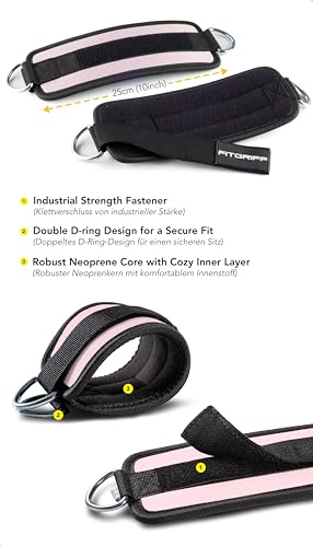 Fitgriff® Ankle Straps V1 for Cable Machine (2 Pieces) - Gym Workout Equipment - Leg Pulley Attachment, Kickback Straps (Blush Pink) - Image 3