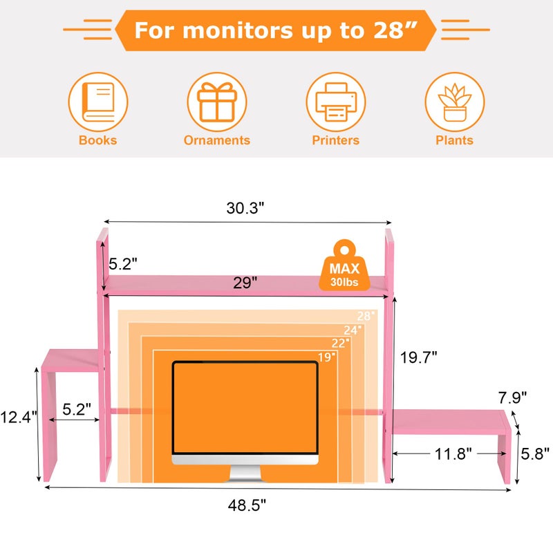 WelFurGeer LED Desk Shelf Organizer with RGB Light Strip, 2-Tier Desktop Shelf for Computer Monitor, Sturdy Metal Frame & Wood Shelves - Desk Hutch Bookshelf for Home Office, Dorm, Gaming Setup (Pink) - Image 5