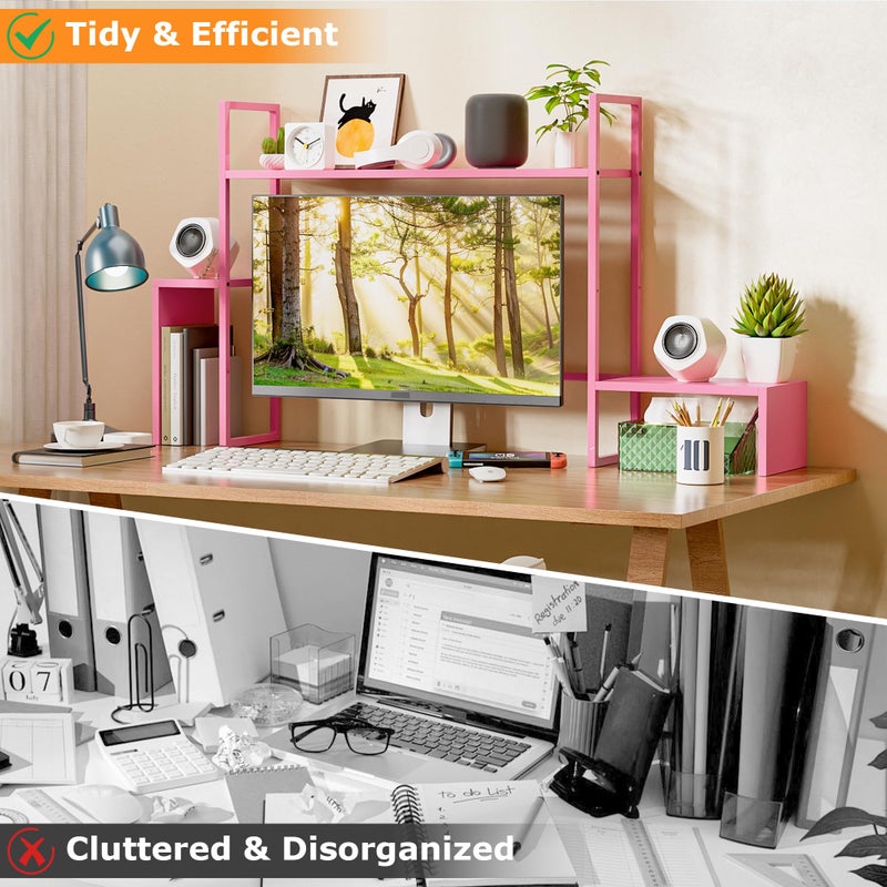 WelFurGeer LED Desk Shelf Organizer with RGB Light Strip, 2-Tier Desktop Shelf for Computer Monitor, Sturdy Metal Frame & Wood Shelves - Desk Hutch Bookshelf for Home Office, Dorm, Gaming Setup (Pink) - Image 3