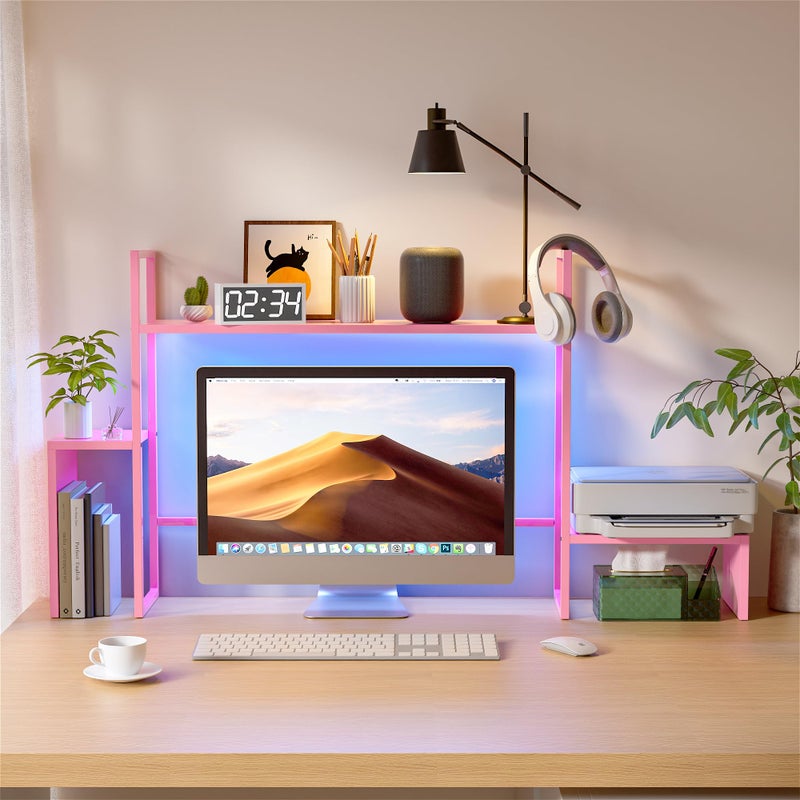 WelFurGeer LED Desk Shelf Organizer with RGB Light Strip, 2-Tier Desktop Shelf for Computer Monitor, Sturdy Metal Frame & Wood Shelves - Desk Hutch Bookshelf for Home Office, Dorm, Gaming Setup (Pink) - Image 2