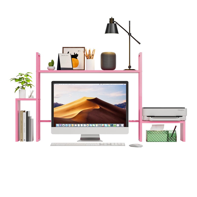 WelFurGeer LED Desk Shelf Organizer with RGB Light Strip, 2-Tier Desktop Shelf for Computer Monitor, Sturdy Metal Frame & Wood Shelves - Desk Hutch Bookshelf for Home Office, Dorm, Gaming Setup (Pink) - Image 1