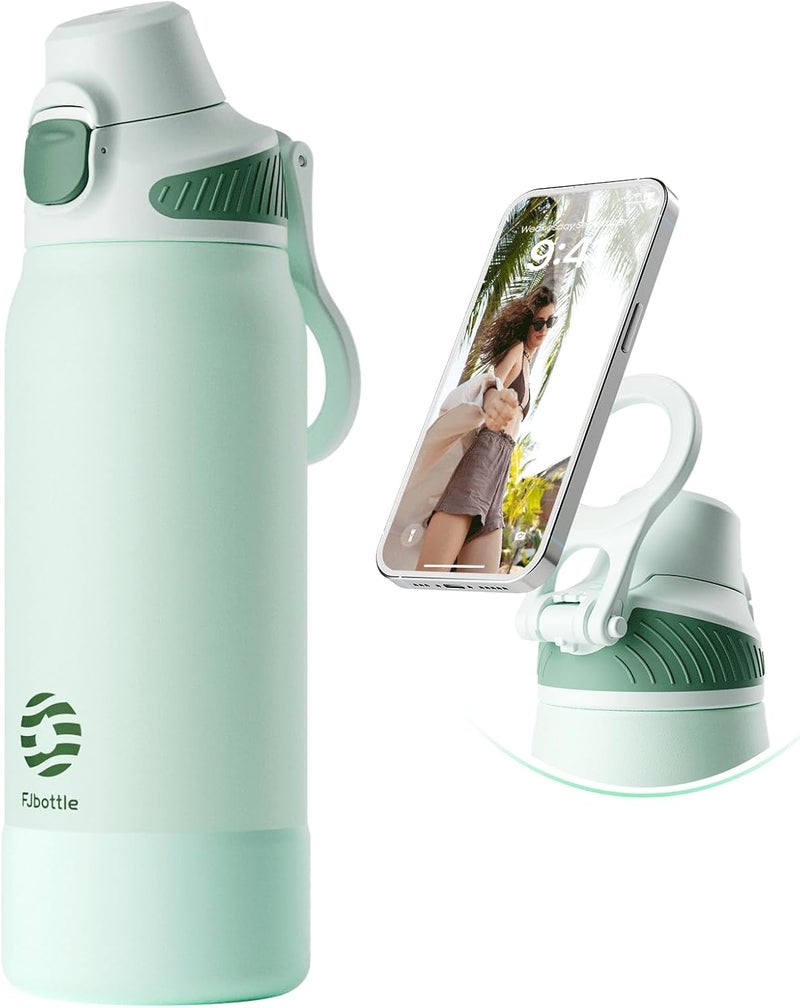 FjBottle Thermal Water Bottle with Straw, Magnetic Handle Phone Holder + Double Drinking System Sports Bottle 1L/700/600ml – 1-Click Opening/BPA-Free/Leak-Free for Gym, Yoga - Image 1