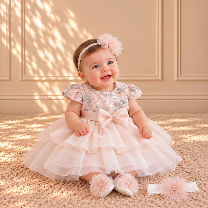 Via Bambino Blush Floral Brocade Dress Set