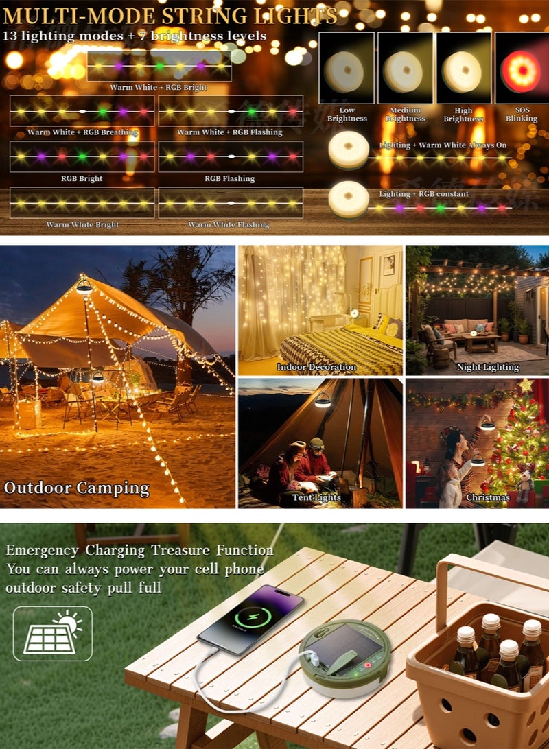 Sahramart Solar Camping Lights with 13 Lighting Modes,33 FT Fairy Lights 100LEDs,Portable Waterproof 4 in 1 Camping Lantern,Retractable Design & Hooks for Outdoor Garden Yard Party Essentials Hiking,with Remote Control,Timer - Image 3