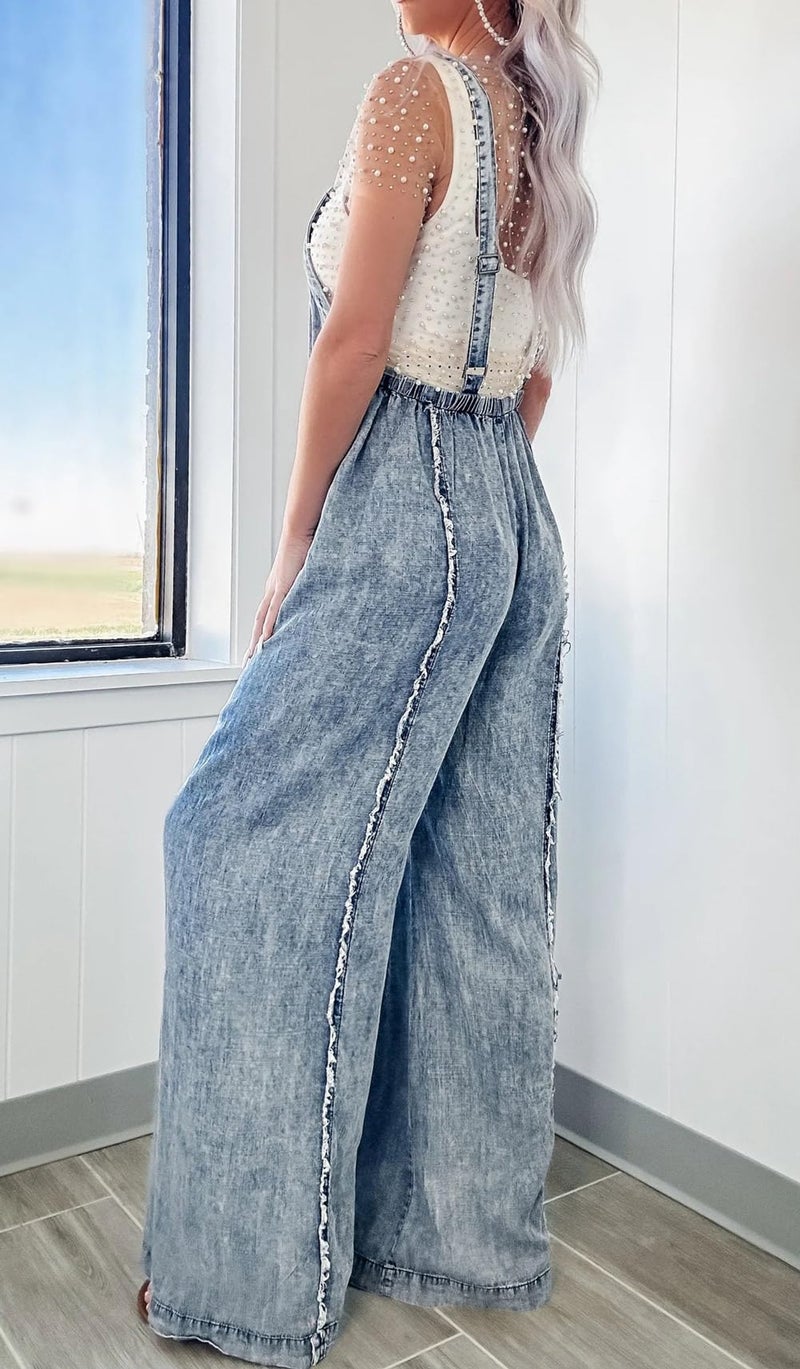 CHARTOU Women Loose Fit Denim Jumpsuit Adjustable Straps Wide Leg Long Pants Frayed Jean Overalls (X-Large, Blue) - Image 3