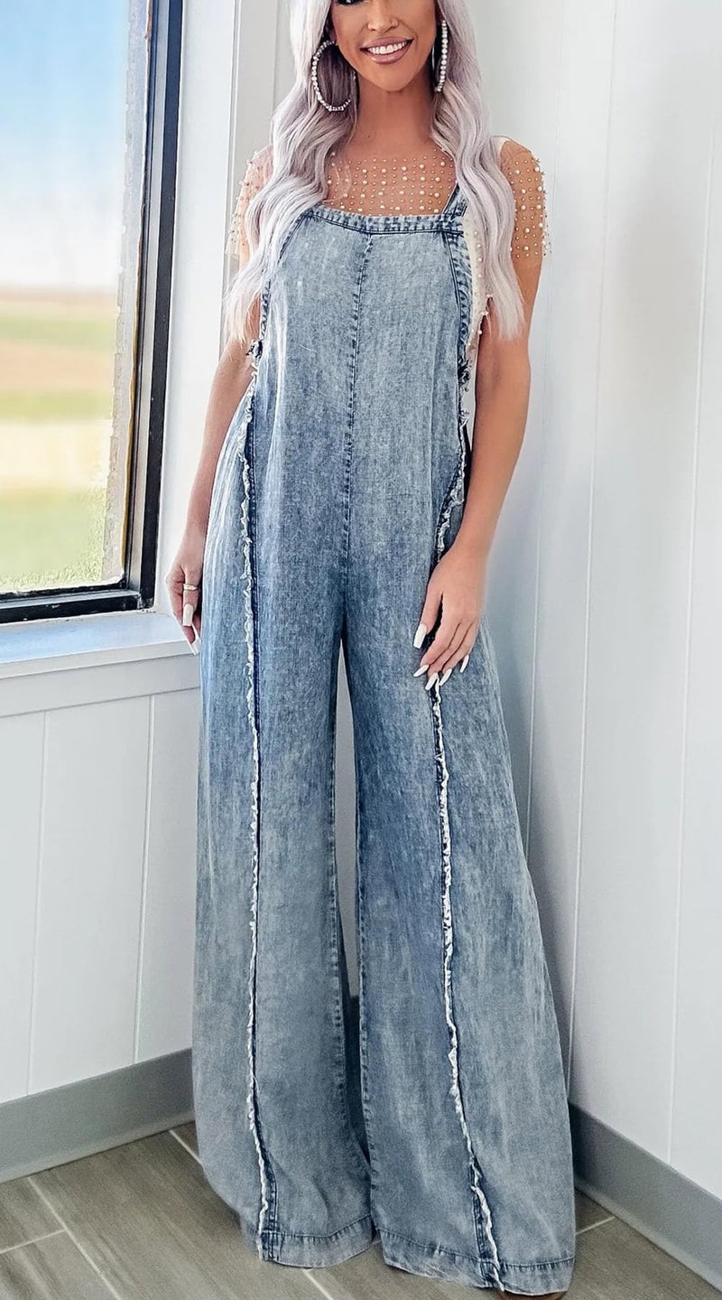 CHARTOU Women Loose Fit Denim Jumpsuit Adjustable Straps Wide Leg Long Pants Frayed Jean Overalls (X-Large, Blue) - Image 2