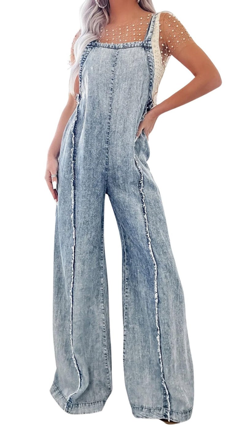 CHARTOU Women Loose Fit Denim Jumpsuit Adjustable Straps Wide Leg Long Pants Frayed Jean Overalls (X-Large, Blue) - Image 1