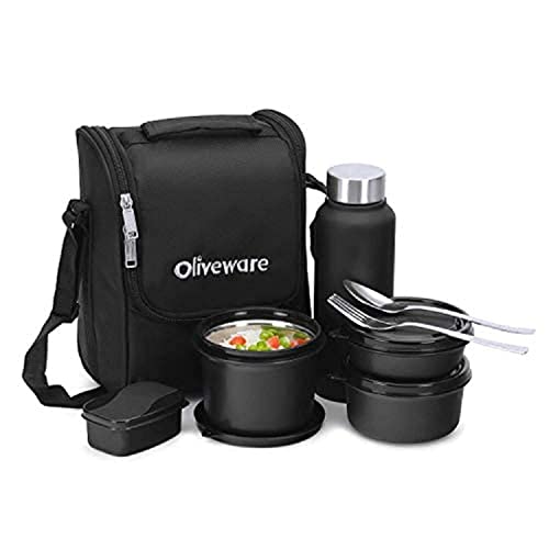 SOPL-OLIVEWARE Teso Pro Lunch Box with Steel Cutlery,3 Microwave Safe Inner Containers with Bpa Free Lids(290Ml,450Ml&600Ml) Plastic Pickle Box(130Ml) Steel Water Bottle(750Ml)-Black,600 ML - Image 1