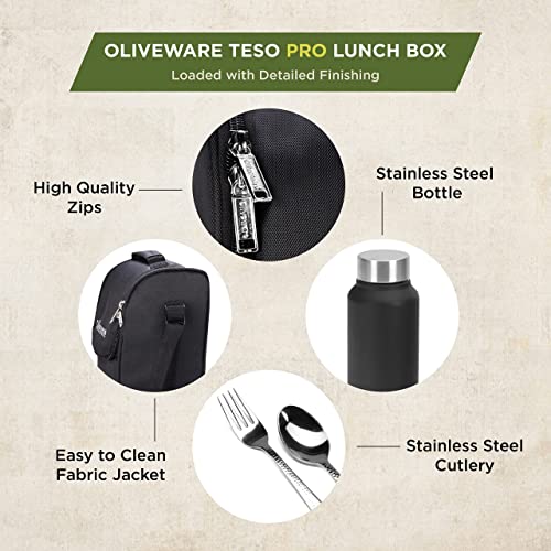 SOPL-OLIVEWARE Teso Pro Lunch Box with Steel Cutlery,3 Microwave Safe Inner Containers with Bpa Free Lids(290Ml,450Ml&600Ml) Plastic Pickle Box(130Ml) Steel Water Bottle(750Ml)-Black,600 ML - Image 4