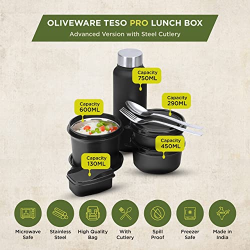 SOPL-OLIVEWARE Teso Pro Lunch Box with Steel Cutlery,3 Microwave Safe Inner Containers with Bpa Free Lids(290Ml,450Ml&600Ml) Plastic Pickle Box(130Ml) Steel Water Bottle(750Ml)-Black,600 ML - Image 3
