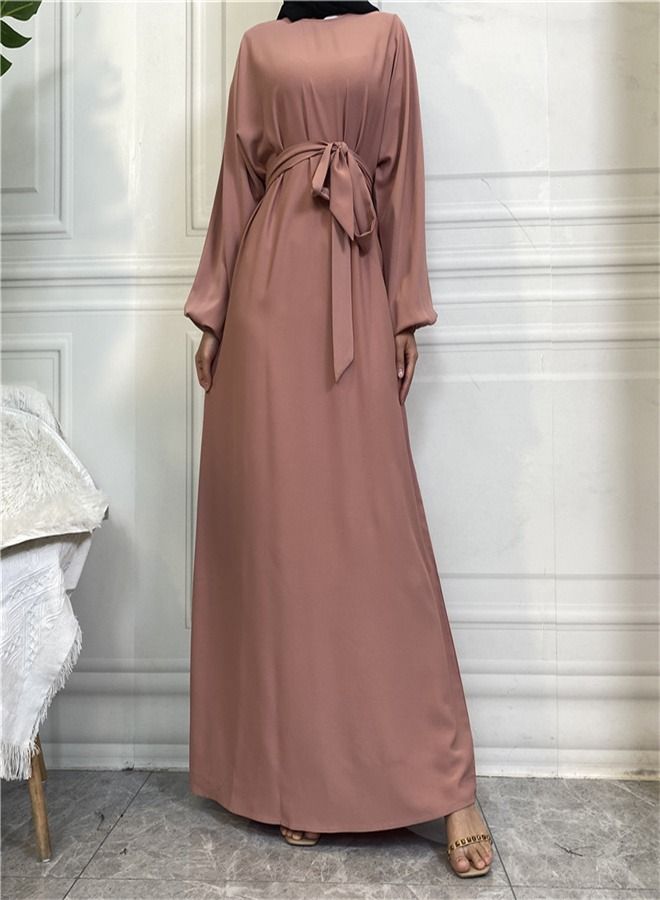 Loquat Casual Elegant Lace-Up Dress Abaya Pink  - Image 1