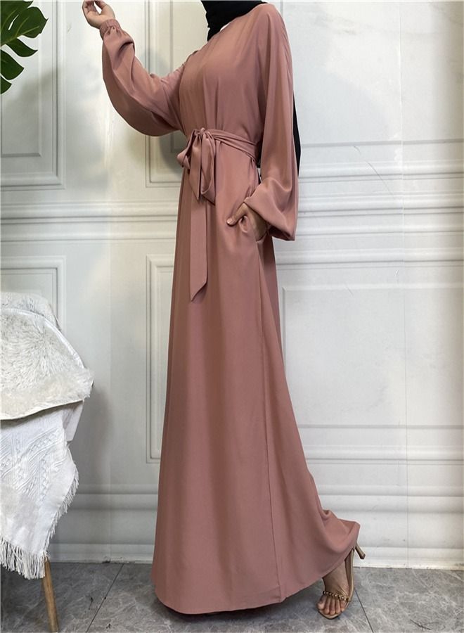 Loquat Casual Elegant Lace-Up Dress Abaya Pink  - Image 2