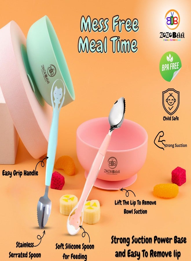 ZoZoBaa Silicone Baby Suction Bowl with Fruit Scraper Spoon for Toddlers | Strong Suction Base, Non-Slip Design | Double Head 2 in 1 Soft Tip & Stainless Steel Baby Spoon, Pack of 2, Mint Green - Image 3