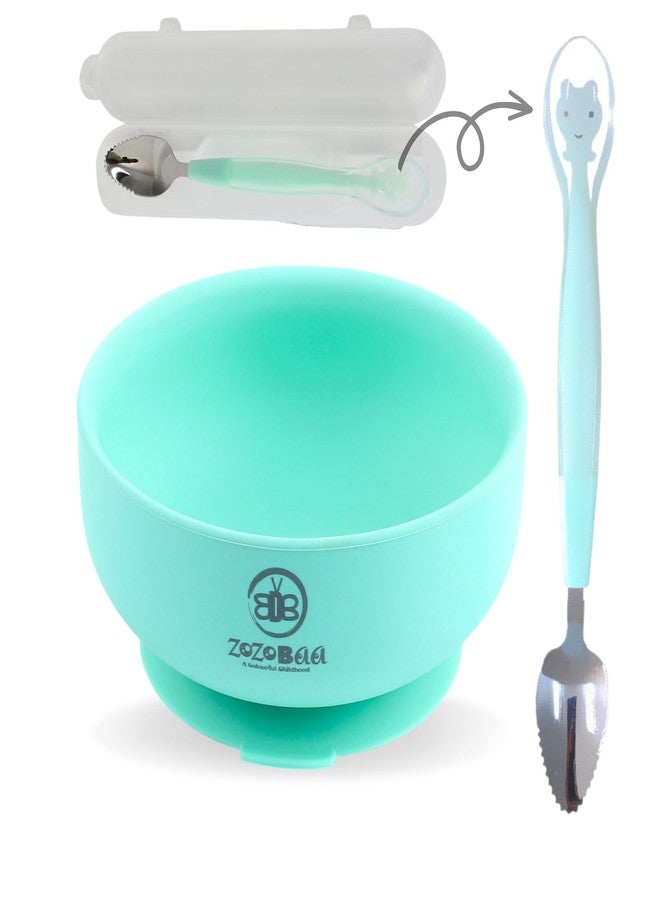 ZoZoBaa Silicone Baby Suction Bowl with Fruit Scraper Spoon for Toddlers | Strong Suction Base, Non-Slip Design | Double Head 2 in 1 Soft Tip & Stainless Steel Baby Spoon, Pack of 2, Mint Green - Image 1