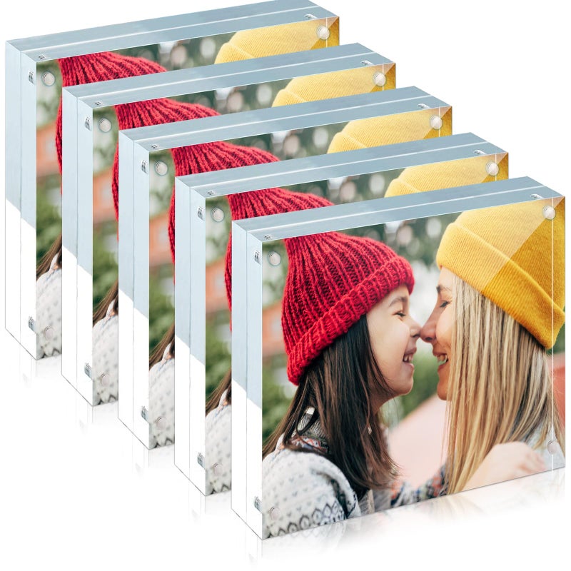 ILYXY 5 Pack Acrylic Frame 8x8  20% Thicker  24mm Thick Frameless Clear Square Picture Frame  Double Sided Magnetic Photo Frame  Free Standing Desktop Display Stand Acrylic Picture Frames - Image 1