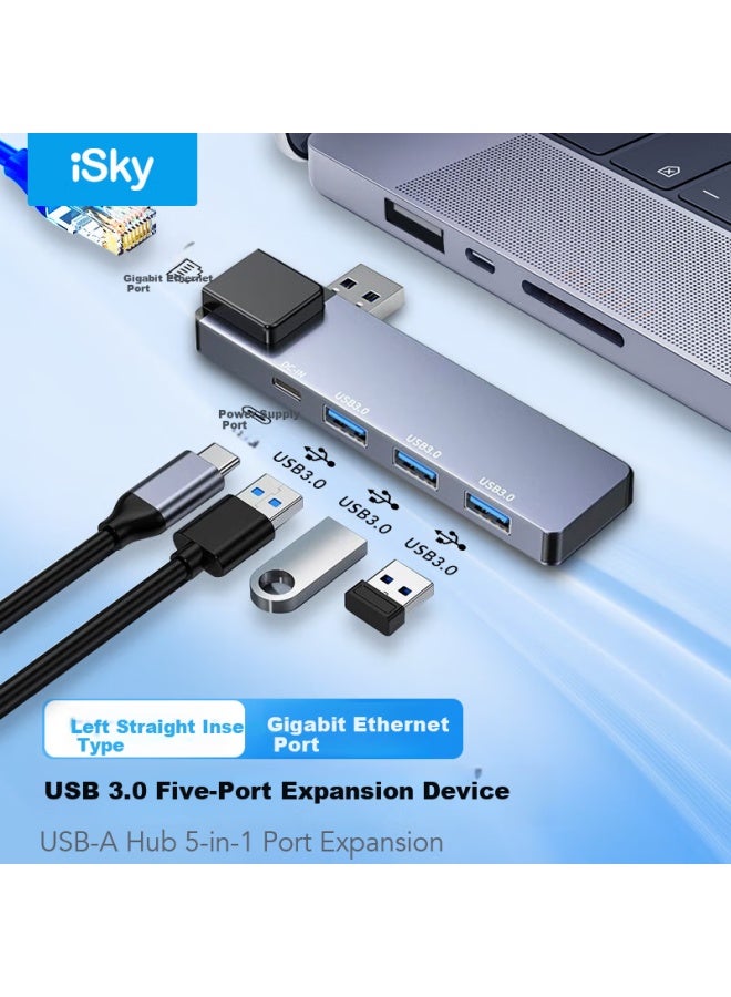 Isky Usb 3.0 To Gigabit Ethernet Adapter Hub Splitter With Left-side Direct Insertion, Compatible With Laptops And Desktops, Rj45 Converter For Ethernet Cable Adapter - Image 1