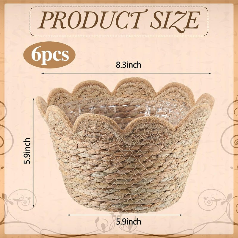 AceOrbit 6 Pcs Scalloped Seagrass Plant Basket with Plastic Liners Rattan Woven Plant Basket Wicker Planter for Indoor Outdoor Flower Pots Cover and Rustic Farmhouse Boho Room Decor (Medium) - Image 3