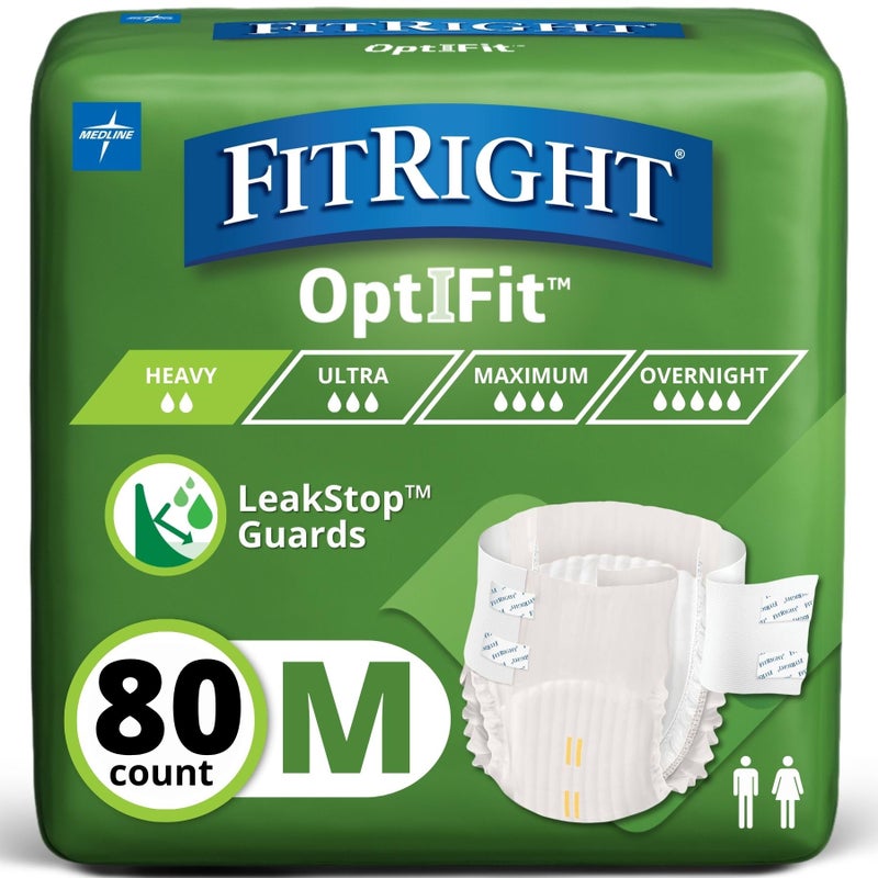 FitRight Adult Diapers, Extra+ Heavy Absorbency, M (Waist Size 32in-44in), 80 Count, OptiFit Incontinence Briefs for Men and Women, Disposable, Moisture-Wicking, Leak Protection, - Image 1