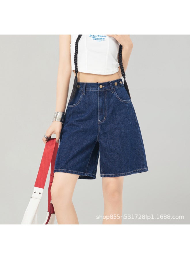 هابي سراويل الدنيم ذات النقاط الخمس المستقيمة باللون الأزرق الداكن للنساء، صيف جديد، خصر مرتفع، نحت الجسم، خط A، فضفاضة، ساق واسع، متوسطة الطول - Image 1