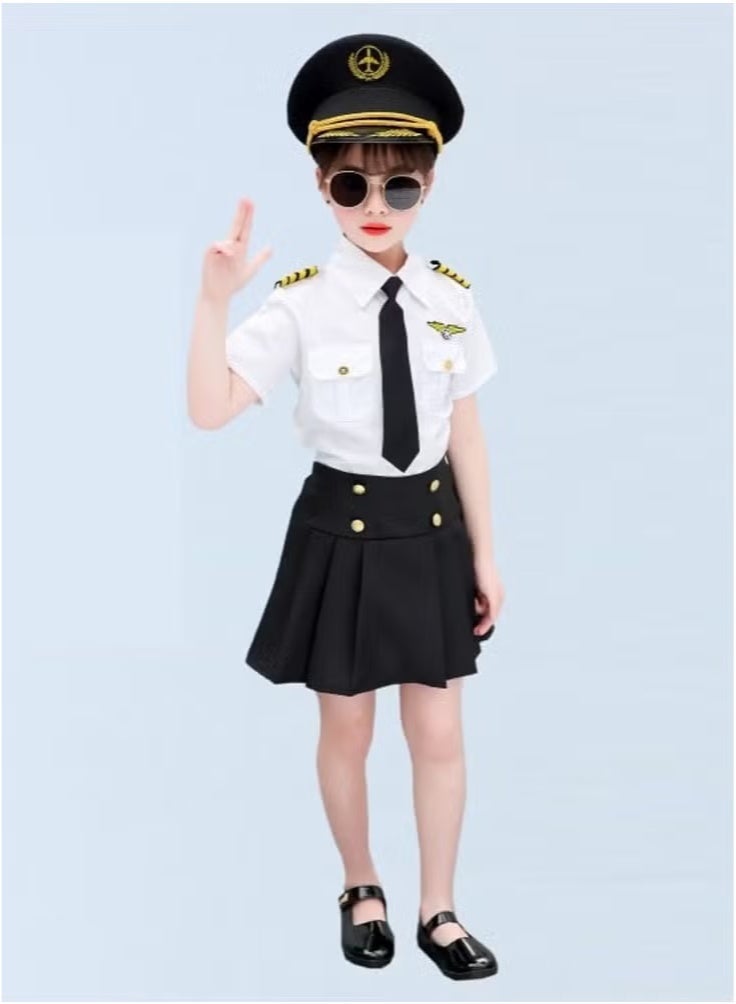 Airline Crew Uniform - Career Day Dress-Up for Kids  (Set includes: Short-sleeve top + Skirt + Socks + Sunglasses + Hat + Tie + Epaulet & Badge) -Size: 150cm - Image 2