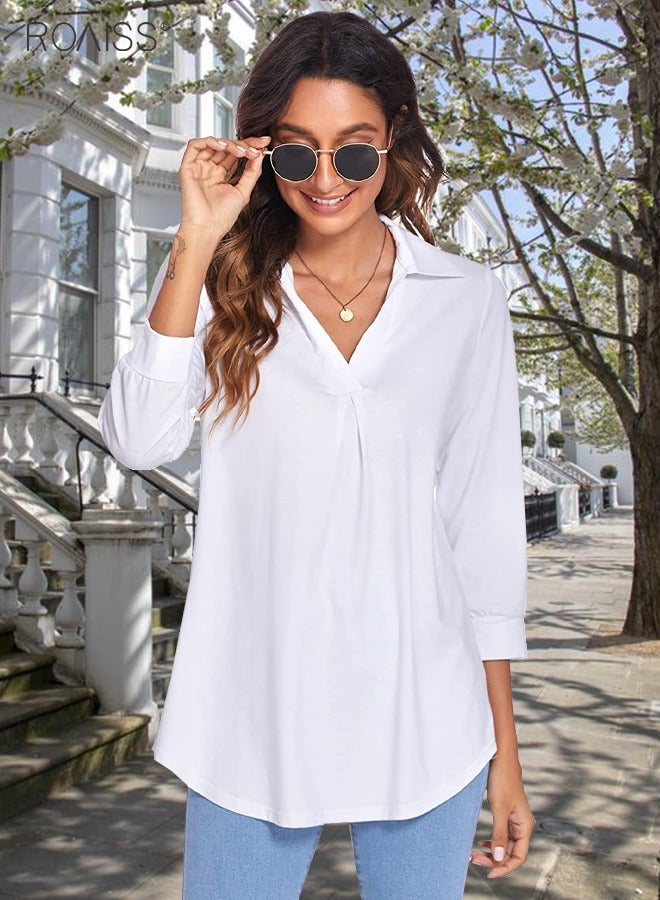 roaiss Women's Classic Casual Pullover Shirt Solid Polo Collar 3/4 Sleeve Top Simple And Versatile Daily Shirt  - Image 1