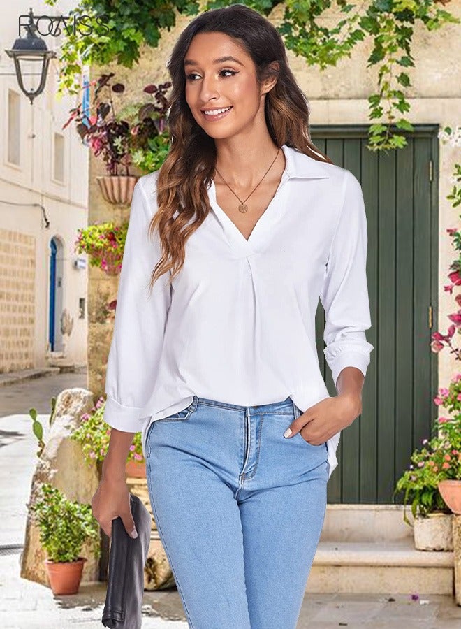 roaiss Women's Classic Casual Pullover Shirt Solid Polo Collar 3/4 Sleeve Top Simple And Versatile Daily Shirt  - Image 2