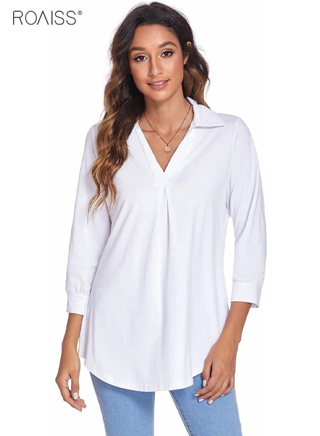 roaiss Women's Classic Casual Pullover Shirt Solid Polo Collar 3/4 Sleeve Top Simple And Versatile Daily Shirt  - Image 5