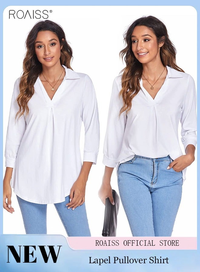 roaiss Women's Classic Casual Pullover Shirt Solid Polo Collar 3/4 Sleeve Top Simple And Versatile Daily Shirt  - Image 4