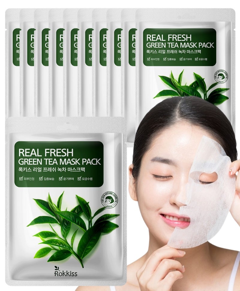 ROKKISS 10PCS Korean Face Mask, Green Tea, Soothing & Calming, Natural cosmetics - Image 1