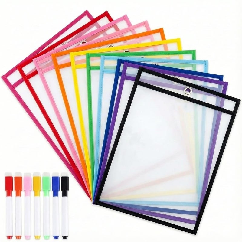 C CRYSTAL LEMON Pack of 10, Multicolored Dry Erase Pockets, 10â€ x 14â€, School Supplies for Teachers, Reusable Dry Erase Pockets, Dry Erase Sheets, Teaching Supplies (10x14 inches, 10 Pack) - Image 1
