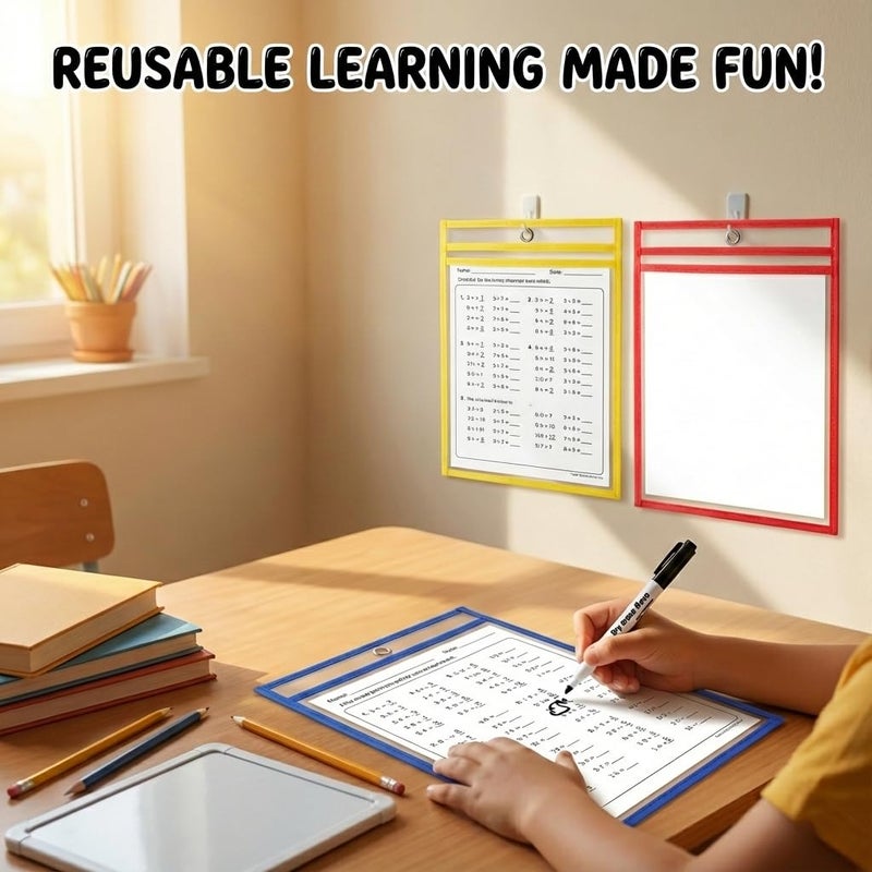 C CRYSTAL LEMON Pack of 10, Multicolored Dry Erase Pockets, 10â€ x 14â€, School Supplies for Teachers, Reusable Dry Erase Pockets, Dry Erase Sheets, Teaching Supplies (10x14 inches, 10 Pack) - Image 4