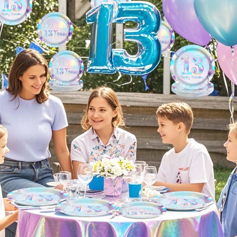 Grencian 96Pcs 13th Birthday Decorations Iridescent 13th Party Plates and Napkins Disposable 350GSM Official Teen Birthday Tableware Set for Teen Girls Happy 13 Year Old Party Supplies, Serves 24 - Image 5