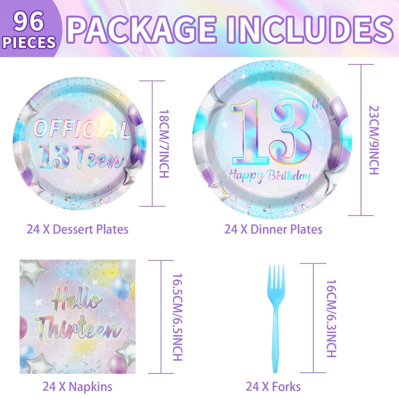 Grencian 96Pcs 13th Birthday Decorations Iridescent 13th Party Plates and Napkins Disposable 350GSM Official Teen Birthday Tableware Set for Teen Girls Happy 13 Year Old Party Supplies, Serves 24 - Image 2