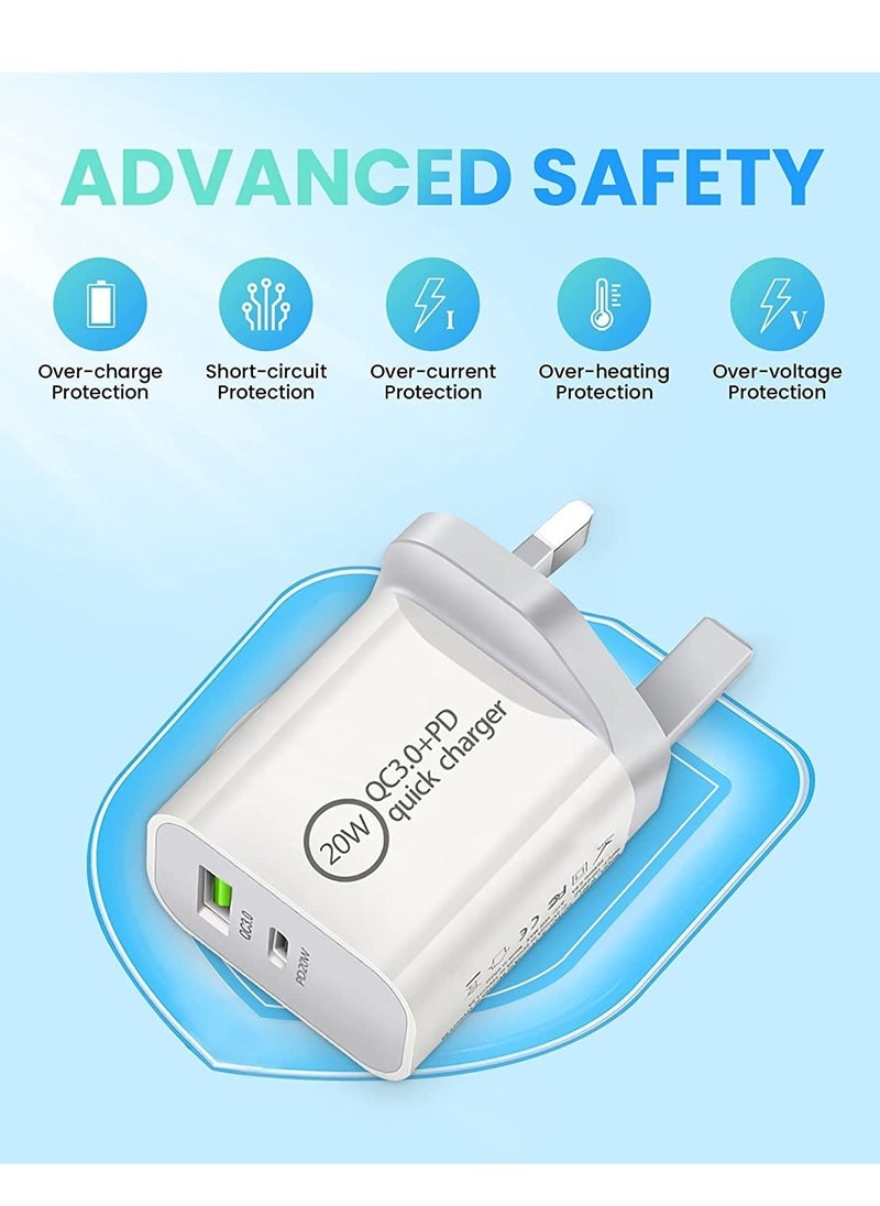 USB C 20W Fast PD Wall Charger, 3.0 Quick Charging Dual-Port Power Adapter Compatible with iPhon 14 Pro/14 Pro Max/13 mini/12/11, New iPd 9, iPd mini 6, Galaxy S20 - White
