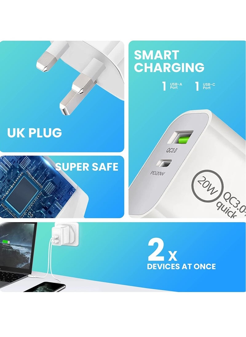 USB C 20W Fast PD Wall Charger, 3.0 Quick Charging Dual-Port Power Adapter Compatible with iPhon 14 Pro/14 Pro Max/13 mini/12/11, New iPd 9, iPd mini 6, Galaxy S20 - White